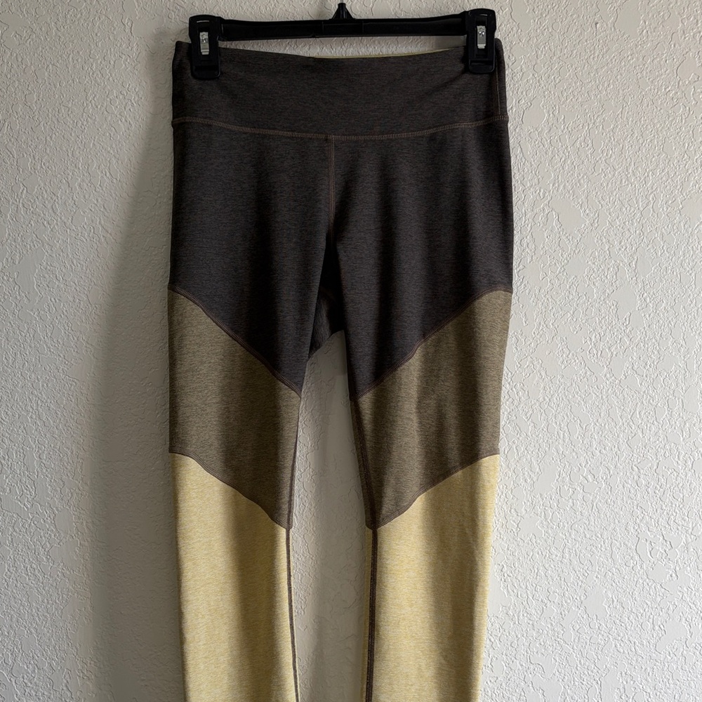 Outdoor Voices Colorblock Leggings in Dark Brown, Olive, and Pale Yellow